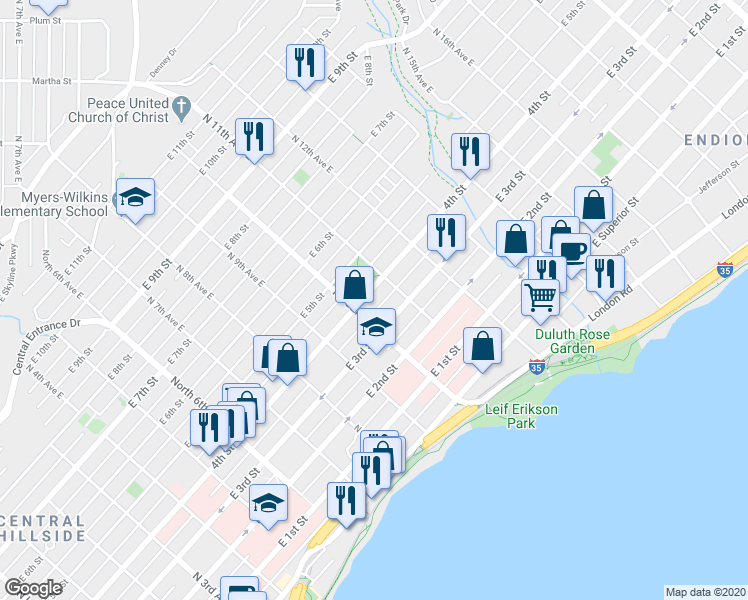 map of restaurants, bars, coffee shops, grocery stores, and more near 1028 East 4th Street in Duluth