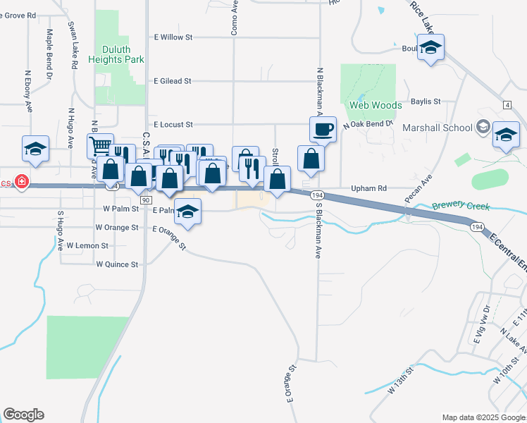 map of restaurants, bars, coffee shops, grocery stores, and more near 312 North Central Avenue in Duluth