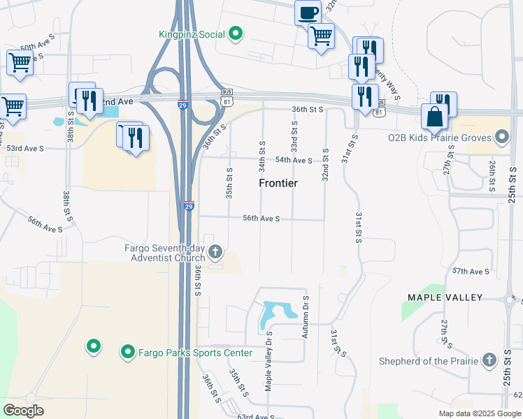 map of restaurants, bars, coffee shops, grocery stores, and more near 5502 34th Street South in Frontier