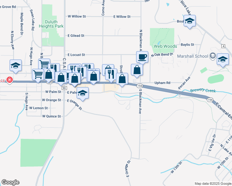 map of restaurants, bars, coffee shops, grocery stores, and more near 312 North Central Avenue in Duluth