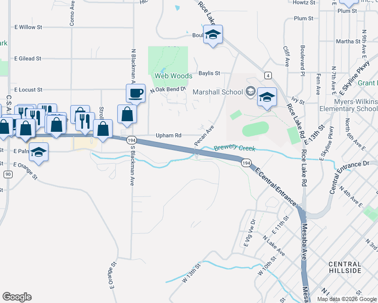 map of restaurants, bars, coffee shops, grocery stores, and more near 717 East Central Entrance in Duluth