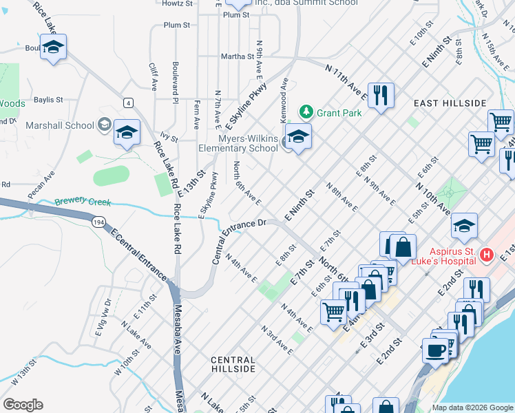 map of restaurants, bars, coffee shops, grocery stores, and more near 615 East 10th Street in Duluth