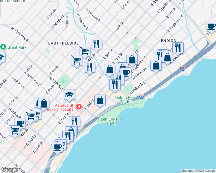 map of restaurants, bars, coffee shops, grocery stores, and more near 1218 East 1st Street in Duluth