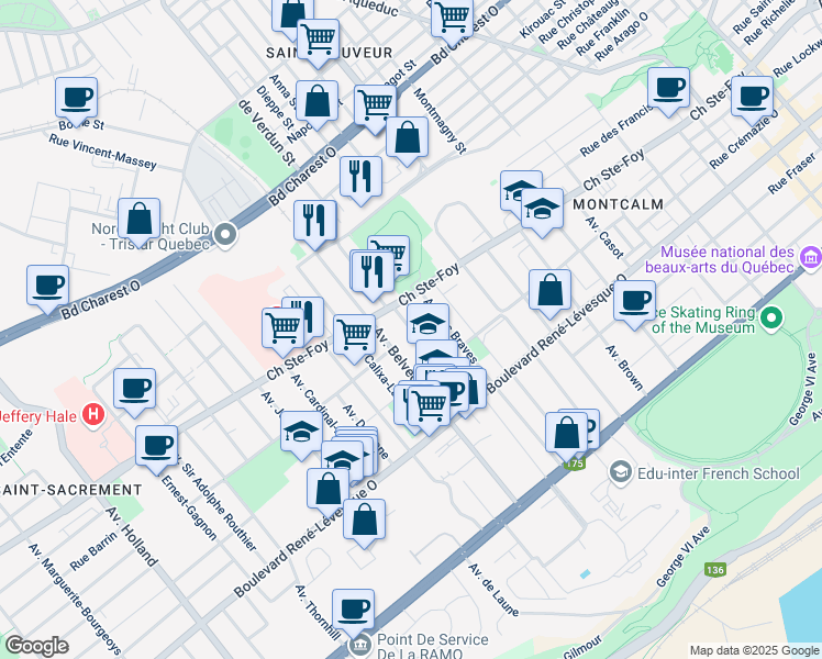 map of restaurants, bars, coffee shops, grocery stores, and more near 834 Avenue de Lévis in Quebec