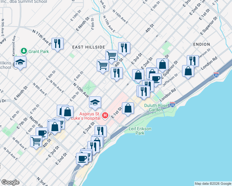 map of restaurants, bars, coffee shops, grocery stores, and more near 1126 East 3rd Street in Duluth