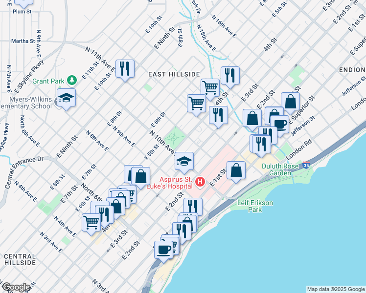 map of restaurants, bars, coffee shops, grocery stores, and more near 1028 East 4th Street in Duluth