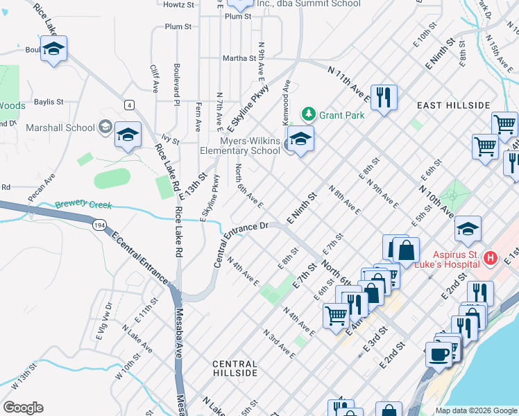 map of restaurants, bars, coffee shops, grocery stores, and more near 615 East 10th Street in Duluth