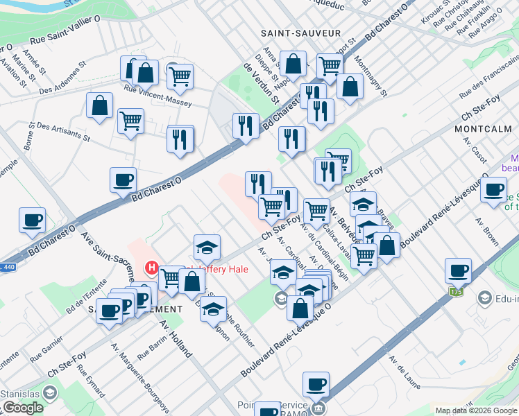 map of restaurants, bars, coffee shops, grocery stores, and more near 1050 Chemin Sainte-Foy in Québec