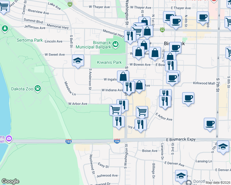 map of restaurants, bars, coffee shops, grocery stores, and more near 310 West Indiana Avenue in Bismarck