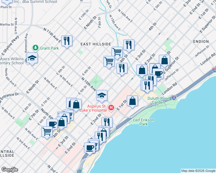 map of restaurants, bars, coffee shops, grocery stores, and more near 311 North 11th Avenue East in Duluth