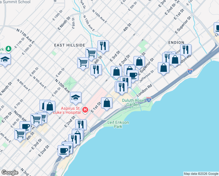 map of restaurants, bars, coffee shops, grocery stores, and more near 1225 East 1st Street in Duluth