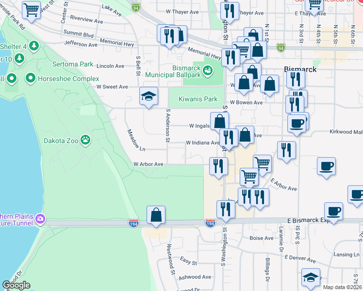 map of restaurants, bars, coffee shops, grocery stores, and more near 505 West Indiana Avenue in Bismarck