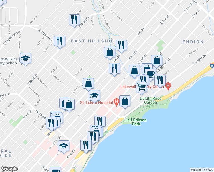 map of restaurants, bars, coffee shops, grocery stores, and more near 1108A East 3rd Street in Duluth