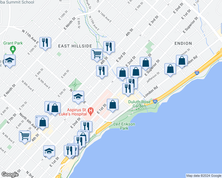 map of restaurants, bars, coffee shops, grocery stores, and more near 120 North 12th Avenue East in Duluth