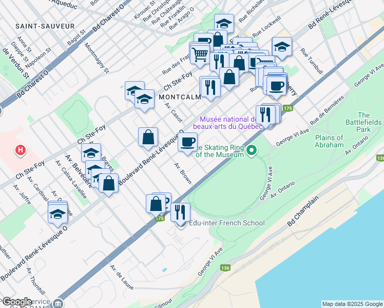 map of restaurants, bars, coffee shops, grocery stores, and more near 495 Avenue Lemesurier in Quebec