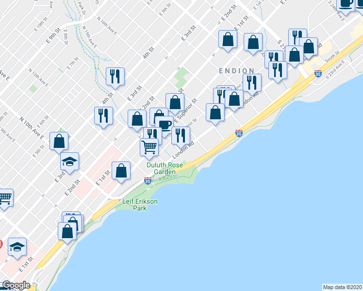 map of restaurants, bars, coffee shops, grocery stores, and more near 1420 Jefferson Street in Duluth