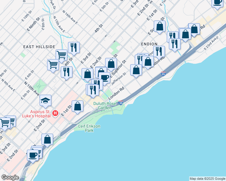 map of restaurants, bars, coffee shops, grocery stores, and more near 1420 Jefferson Street in Duluth