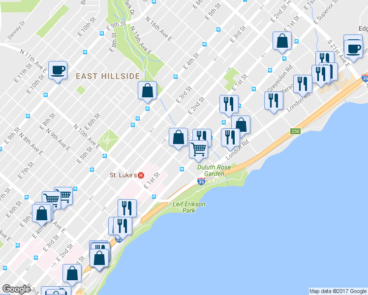 map of restaurants, bars, coffee shops, grocery stores, and more near 1225 East 1st Street in Duluth