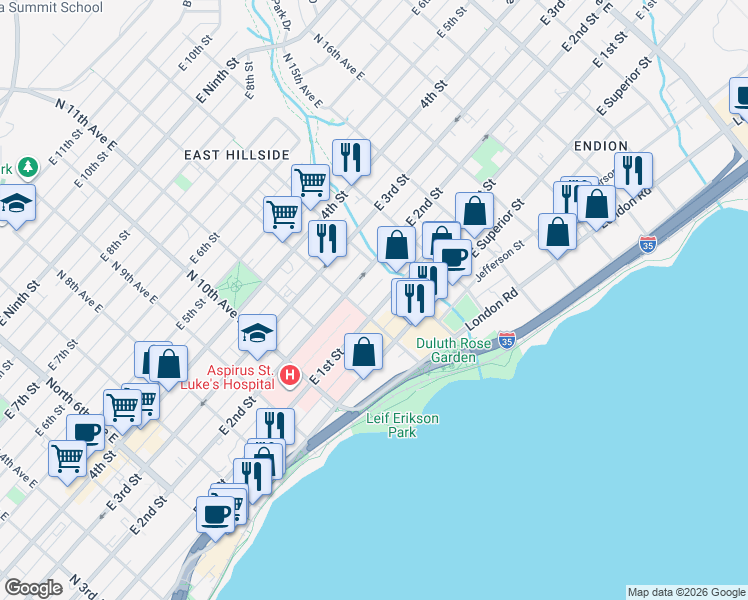 map of restaurants, bars, coffee shops, grocery stores, and more near 1225 East 1st Street in Duluth