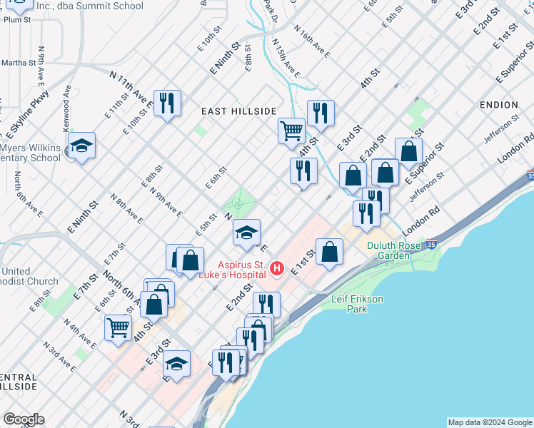 map of restaurants, bars, coffee shops, grocery stores, and more near 315 North 11th Avenue East in Duluth