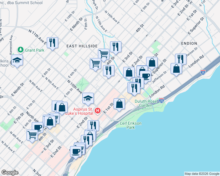 map of restaurants, bars, coffee shops, grocery stores, and more near 1125 East 2nd Street in Duluth