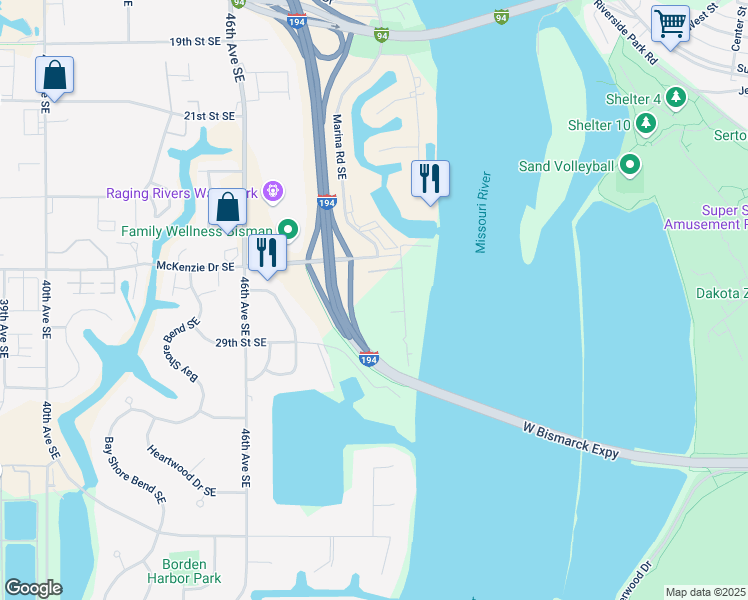 map of restaurants, bars, coffee shops, grocery stores, and more near 2801 Marina Road Southeast in Mandan