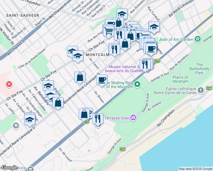 map of restaurants, bars, coffee shops, grocery stores, and more near 495 Avenue Lemesurier in Québec