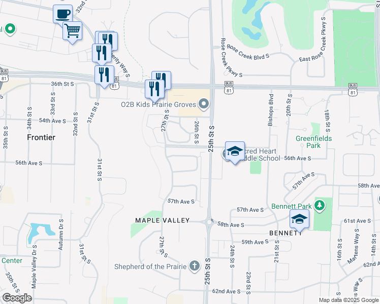 map of restaurants, bars, coffee shops, grocery stores, and more near 2569 54th Avenue South in Fargo