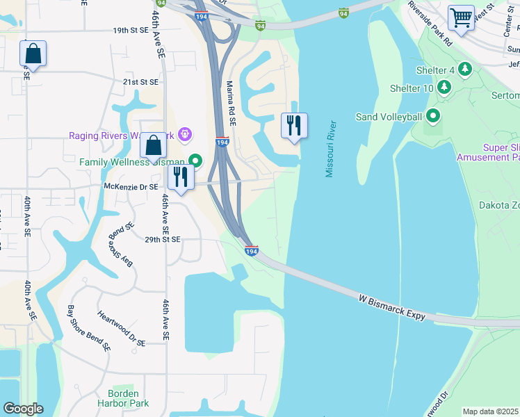 map of restaurants, bars, coffee shops, grocery stores, and more near 2801 Marina Road Southeast in Mandan