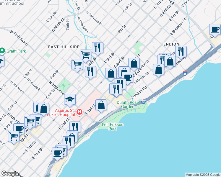 map of restaurants, bars, coffee shops, grocery stores, and more near 1225 East 1st Street in Duluth
