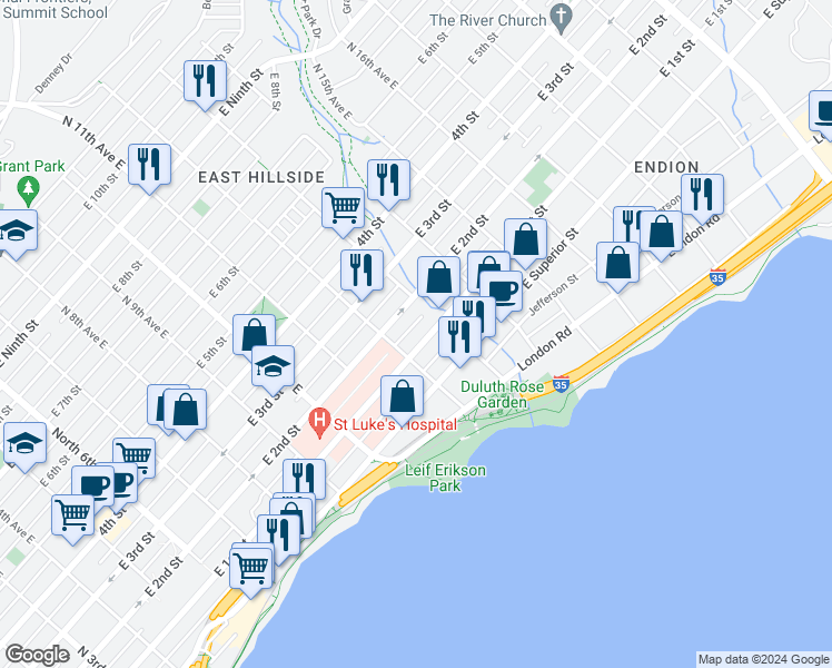 map of restaurants, bars, coffee shops, grocery stores, and more near 1225 East 1st Street in Duluth