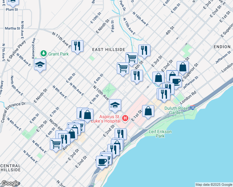 map of restaurants, bars, coffee shops, grocery stores, and more near 1028 East 4th Street in Duluth