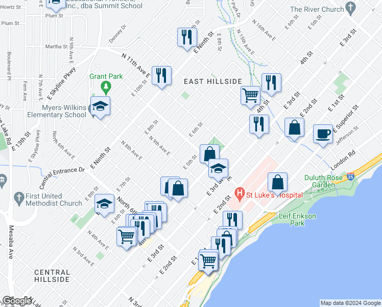 map of restaurants, bars, coffee shops, grocery stores, and more near 924 East 6th Street in Duluth