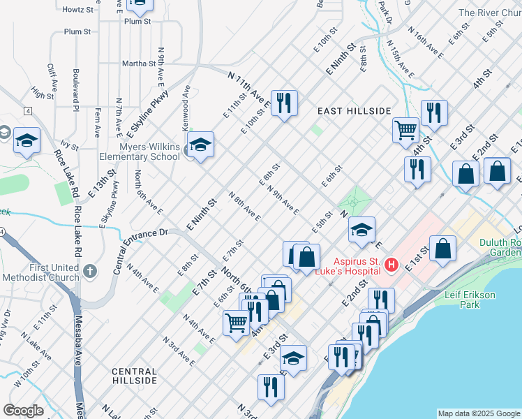 map of restaurants, bars, coffee shops, grocery stores, and more near 819 East 7th Street in Duluth