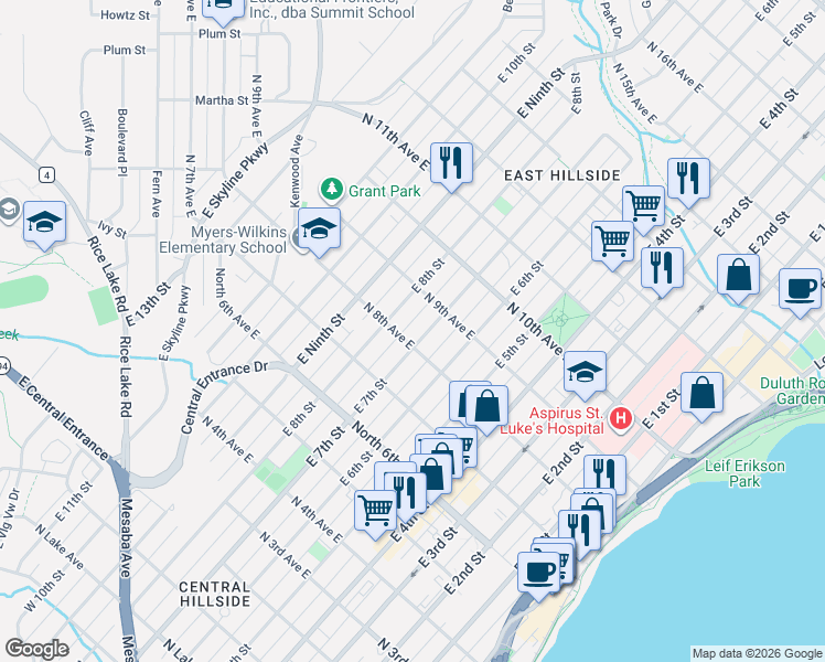 map of restaurants, bars, coffee shops, grocery stores, and more near 819 East 7th Street in Duluth