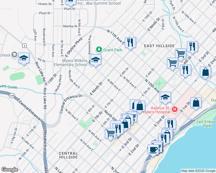 map of restaurants, bars, coffee shops, grocery stores, and more near 804 North 8th Avenue East in Duluth