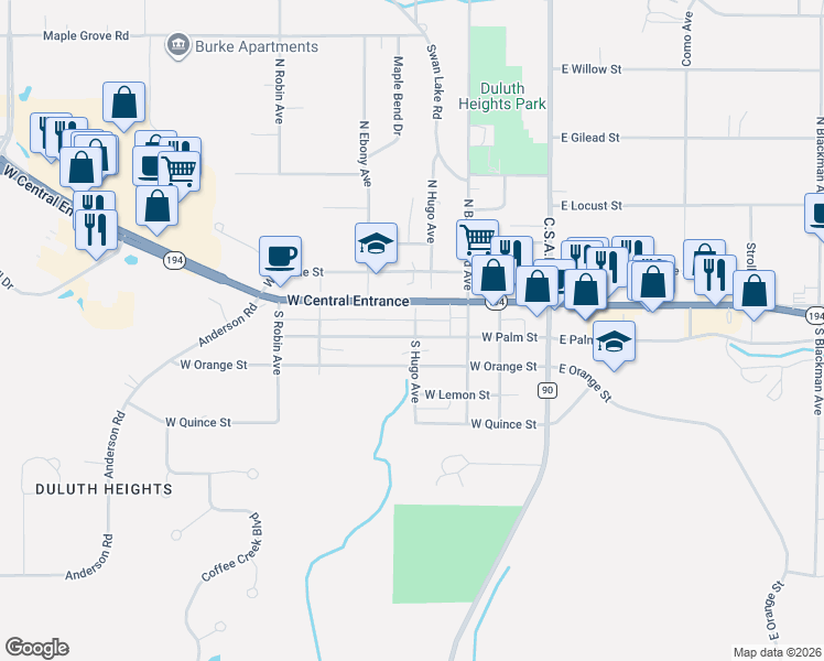map of restaurants, bars, coffee shops, grocery stores, and more near 140 West Central Entrance in Duluth