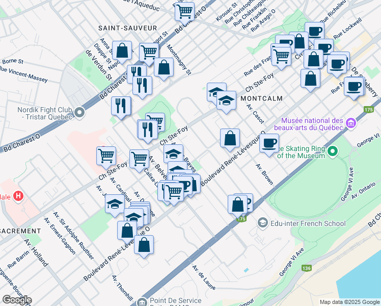 map of restaurants, bars, coffee shops, grocery stores, and more near 879 Avenue de Bienville in Quebec