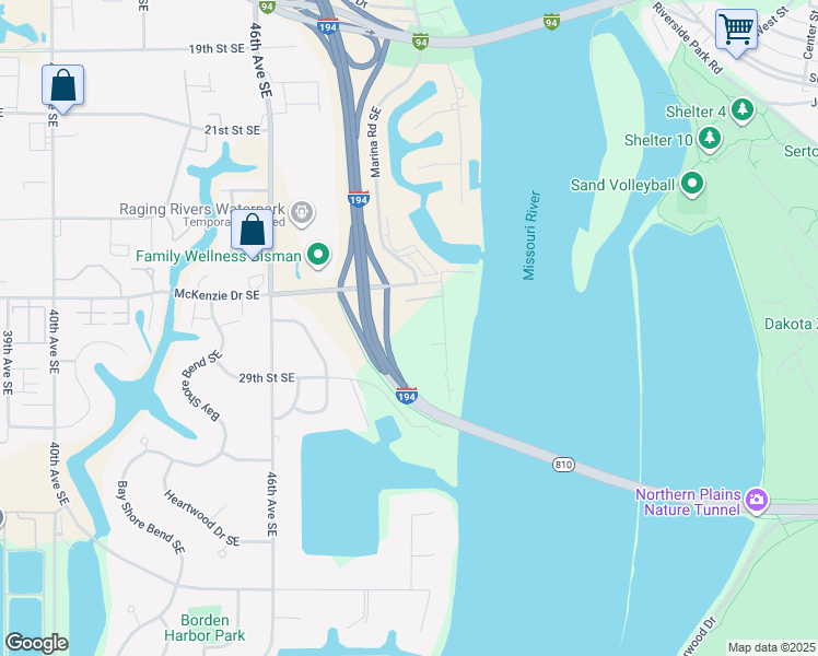 map of restaurants, bars, coffee shops, grocery stores, and more near 2801 Marina Road Southeast in Mandan