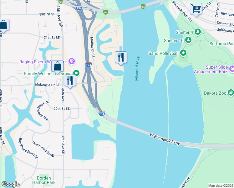 map of restaurants, bars, coffee shops, grocery stores, and more near 2800 Marina Road Southeast in Mandan