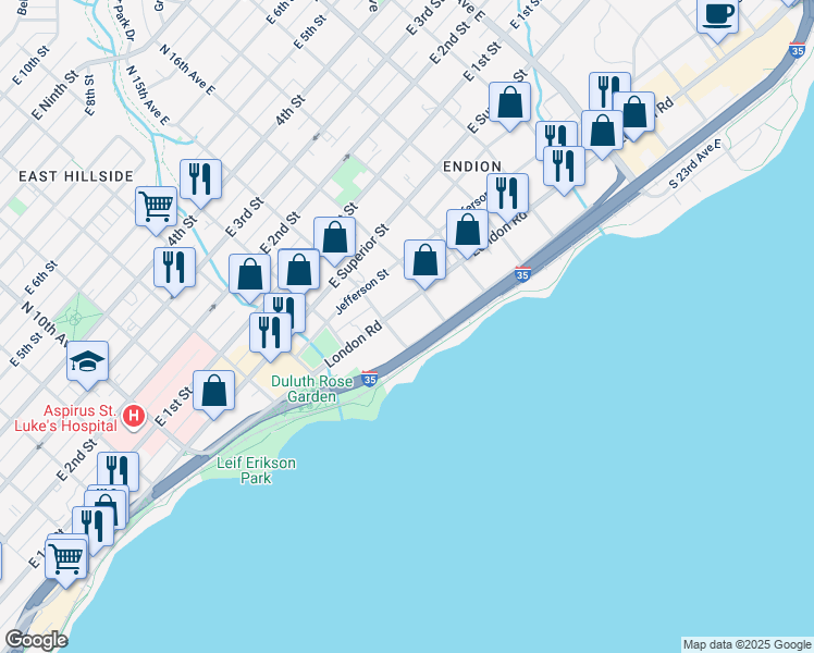 map of restaurants, bars, coffee shops, grocery stores, and more near 1500 London Road in Duluth
