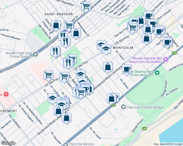 map of restaurants, bars, coffee shops, grocery stores, and more near 736 Rue Père-Marquette in Québec