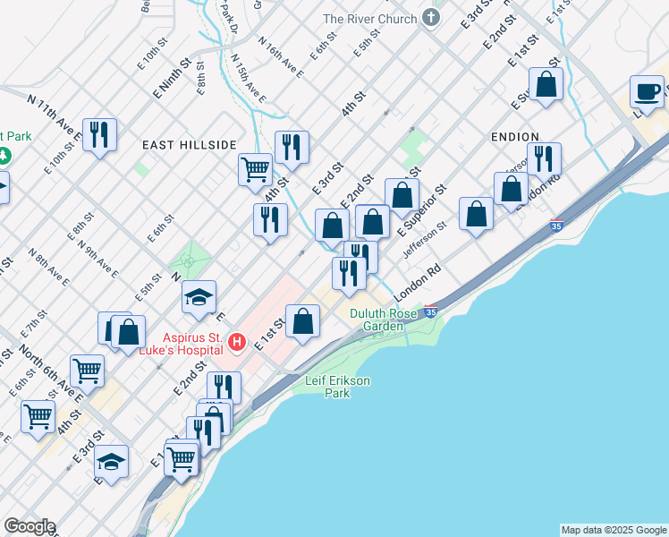 map of restaurants, bars, coffee shops, grocery stores, and more near 1225 East 1st Street in Duluth