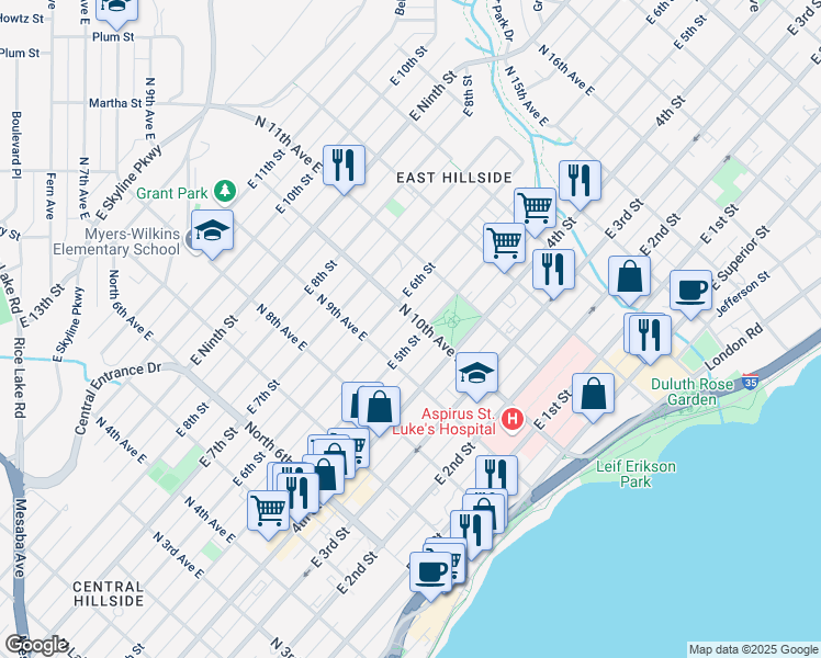 map of restaurants, bars, coffee shops, grocery stores, and more near 924 East 6th Street in Duluth