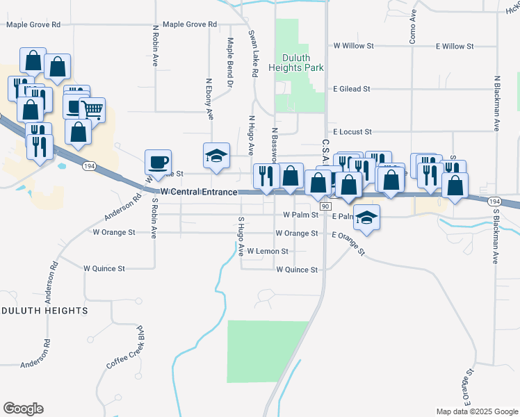 map of restaurants, bars, coffee shops, grocery stores, and more near 104 West Central Entrance in Duluth