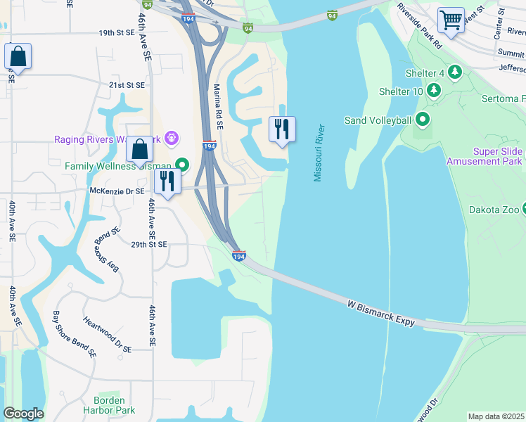 map of restaurants, bars, coffee shops, grocery stores, and more near 2800 Marina Road Southeast in Mandan