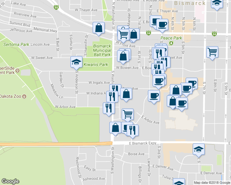 map of restaurants, bars, coffee shops, grocery stores, and more near 601 South Washington Street in Bismarck