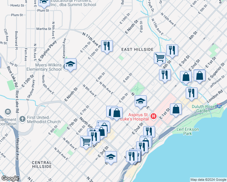 map of restaurants, bars, coffee shops, grocery stores, and more near 917 1/2 East 6th Street in Duluth