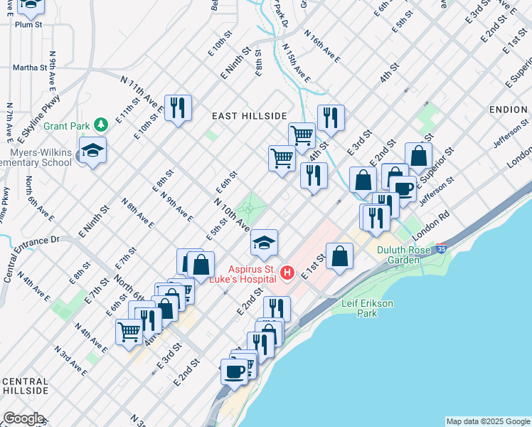 map of restaurants, bars, coffee shops, grocery stores, and more near 1028 East 4th Street in Duluth