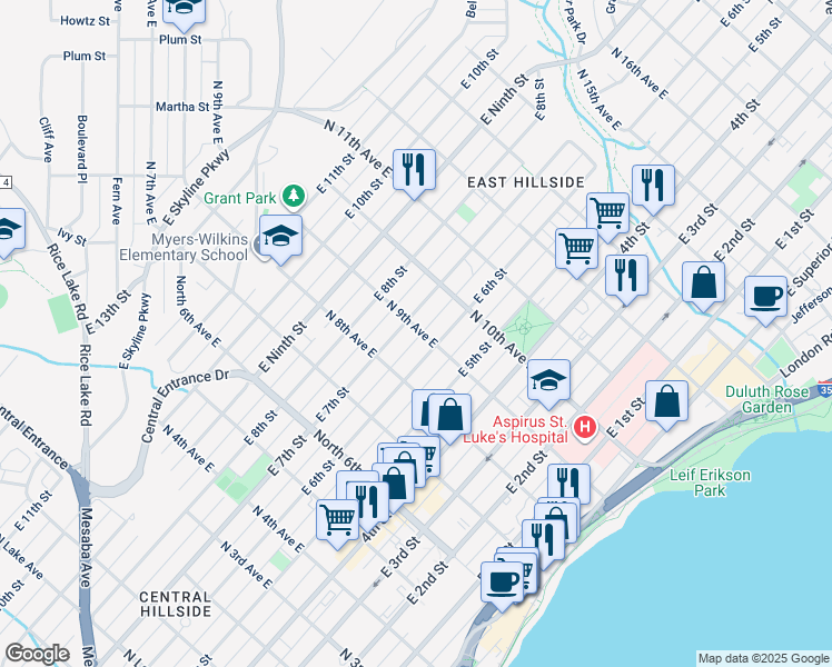 map of restaurants, bars, coffee shops, grocery stores, and more near 617 North 9th Avenue East in Duluth